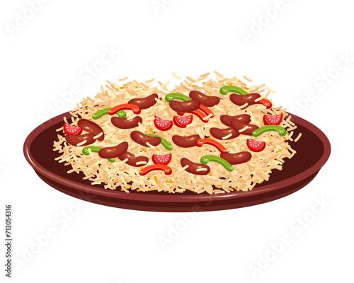 Rice with black beans in a deep plate, Latin American cuisine. Food illustration, vector