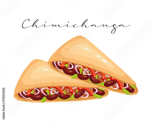 Flatbread with meat, chili and beans, Chimichanga, Latin American cuisine. National cuisine of Mexico. Food illustration, vector