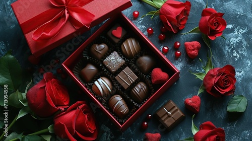 Delicious chocolate pralines in red box for Valentine's Day. Isolated on dark background.