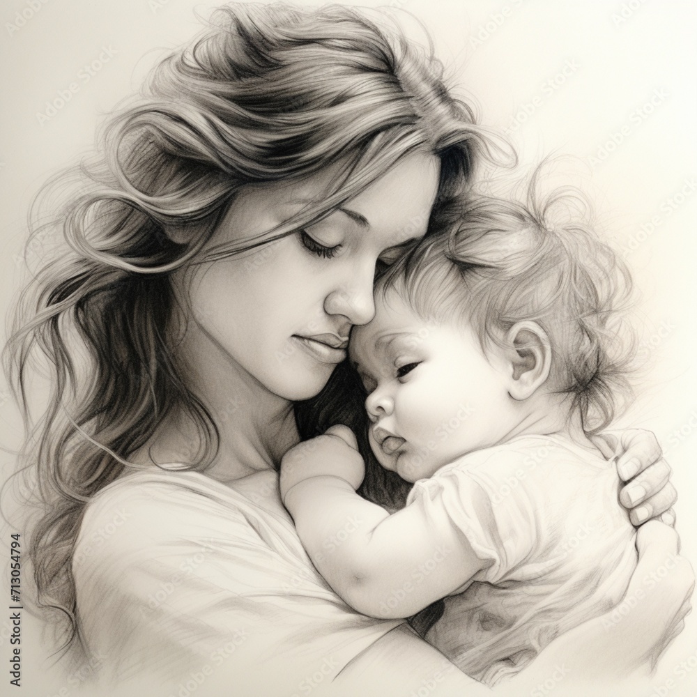 Pencil sketch mother love holding baby images Generative AI Pencil sketch mother love holding baby images Generative AI