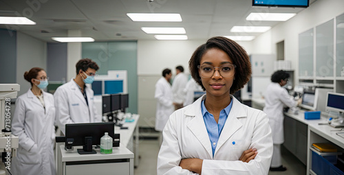 young female medical scientist stands with her arms crossed in the laboratory. Female scientist working on a new scientific experiment. Medical research. Generative AI