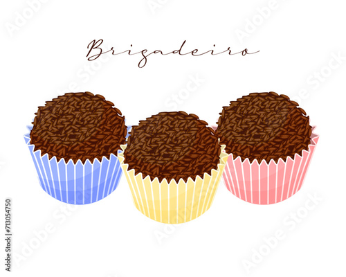 Chocolate dessert Brigadeiro with cocoa, Latin American sweet. National cuisine of Brazil. Food illustration, vector
