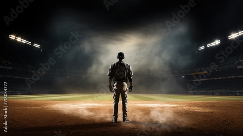 Potrait of a baseball player is tanding in the spotlight in stadium in the night. photo