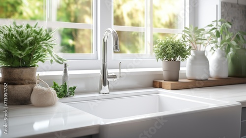 Cozy interior of kitchen with metal sink near window. Interior kitchen concept. © Mas