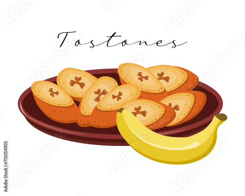 Fried bananas Tostones, Latin American cuisine. National cuisine of Mexico. Food illustration, vector