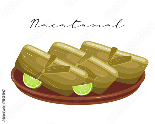 Meat with vegetables wrapped in banana leaves, Nacatamal, Latin American cuisine. National cuisine of Nicaragua. Food illustration, vector photo