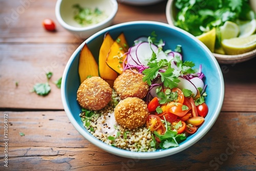 high angle shot of colorful falafel bowl with grains