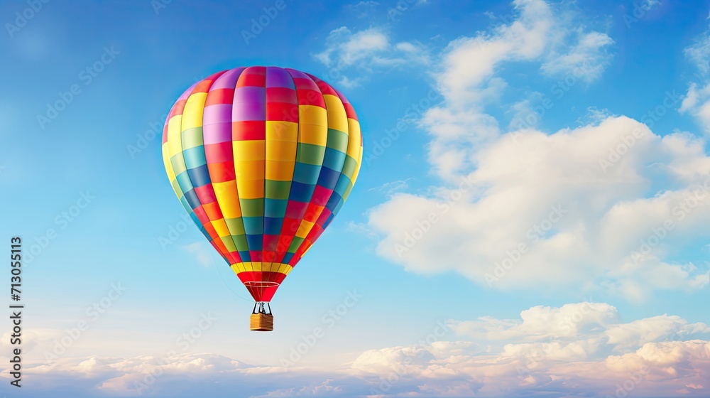 Fototapeta premium Picturesque, vibrant hot air balloon, floating, clear azure sky, tranquil, airborne, serene. Generated by AI.