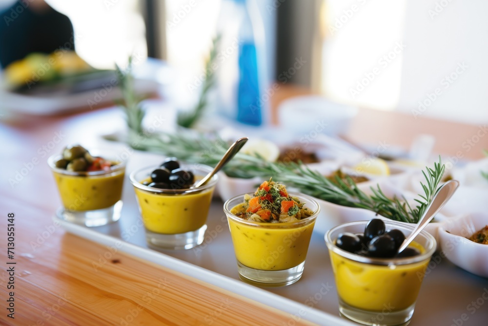 fava dip in mini serving cups for a tasting event - obrazy, fototapety, plakaty 