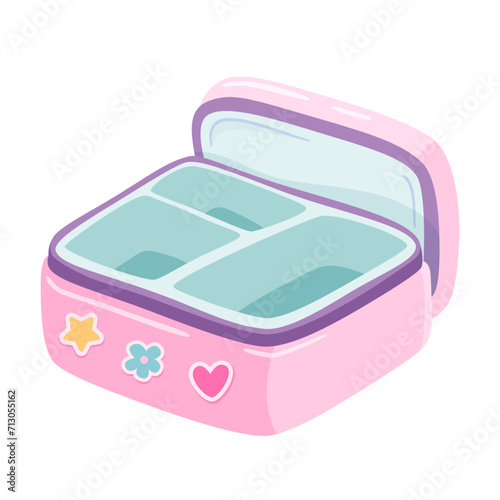 Empty open pink lunchbox vector illustration. School or office food container. Breakfast, lunch, dinner box for kids or students. Bento. Homemade nutrition. Healthy food concept