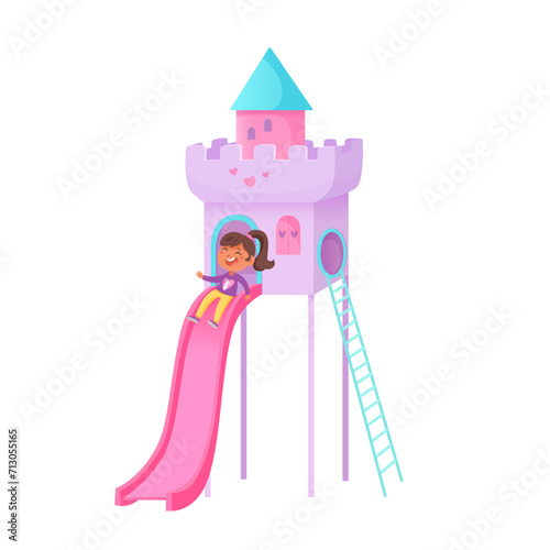 Girl ride on rose slide. Kids playground vector illustration. Children game center in mall. Indoor or outdoor kids play zone. Active leisure fun happy childhood concept