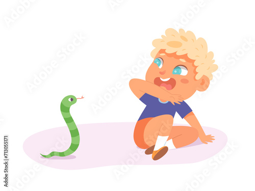 Kids fears vector illustration. Scared crying boy afraid of snake. Young male person with childish phobia. Frightened cartoon character. Kid psychologic support and therapy
