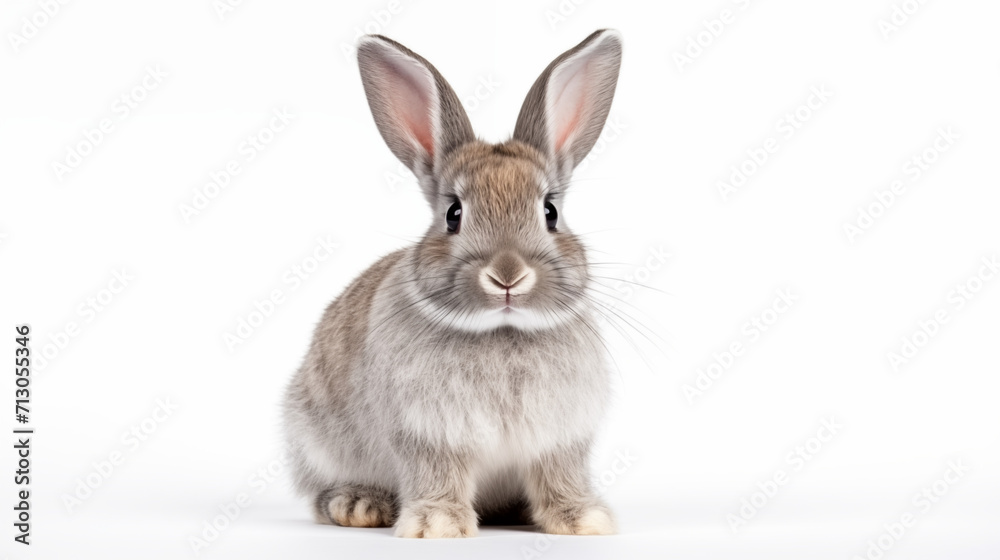 Alert Grey Rabbit With Lush Fur and Upright Ears Against White Background Alert Grey Rabbit With Lush Fur and Upright Ears Against White Background