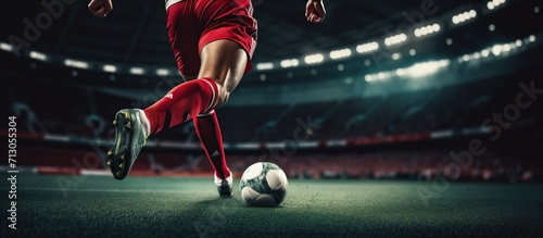 Photo shot of legs Soccer player running dribbling after the ball in stadium soccer photo