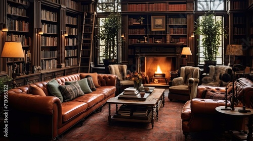Inviting, cozy library, walls filled with books, sumptuous plush armchairs, beckons, leisurely reading, relaxation. Generated by AI.