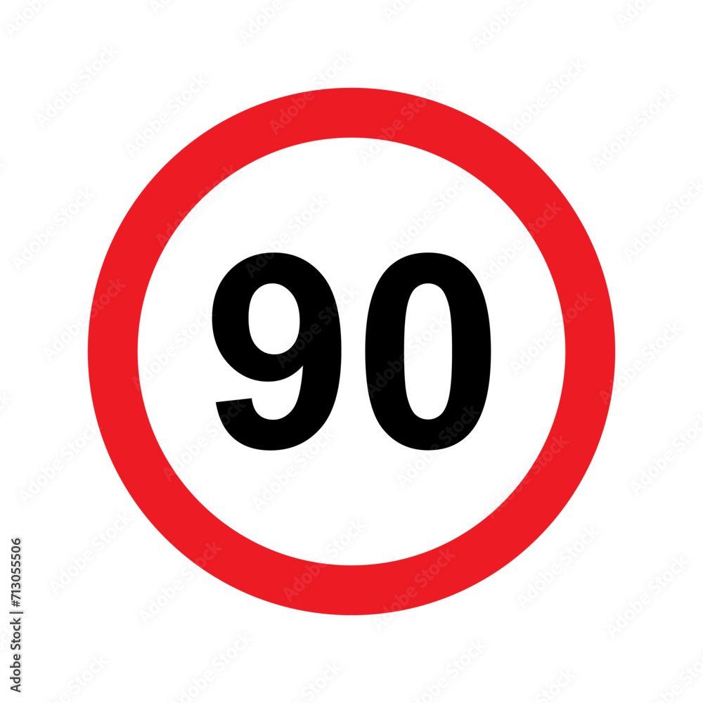 Speed limit sign vector illustration. 90 km icon. Abstract street traffic pictogram. Isolated road signal of circle shape, signboard with black number of maximum speed of cars on highway Speed limit sign vector illustration. 90 km icon. Abstract street traffic pictogram. Isolated road signal of circle shape, signboard with black number of maximum speed of cars on highway