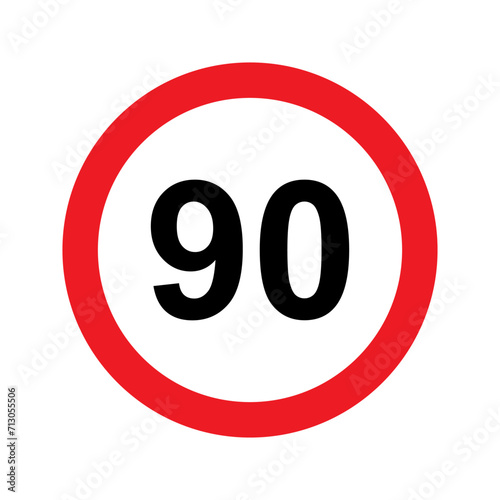 Speed limit sign vector illustration. 90 km icon. Abstract street traffic pictogram. Isolated road signal of circle shape, signboard with black number of maximum speed of cars on highway photo