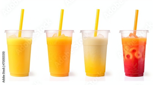 Plastic cups with tasty smoothies,Set of fruit smoothies juice drinks in plastic cups isolated on transparent background