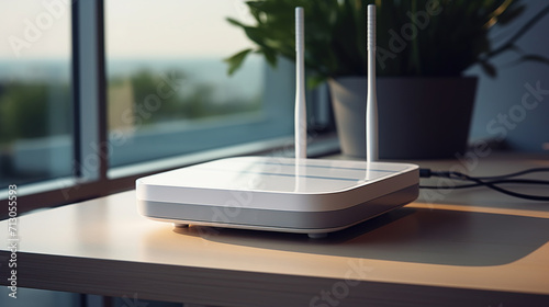 a 5g router on top of a table. Modern Wi-Fi router indoors.