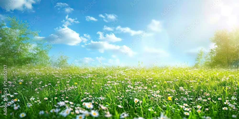 Green spring meadow with nature field grass in summer under sunny sky sun shining on flowers garden landscape fresh day floral daisy and blue outdoor herb light bright chamomile park rural cloud - obrazy, fototapety, plakaty 