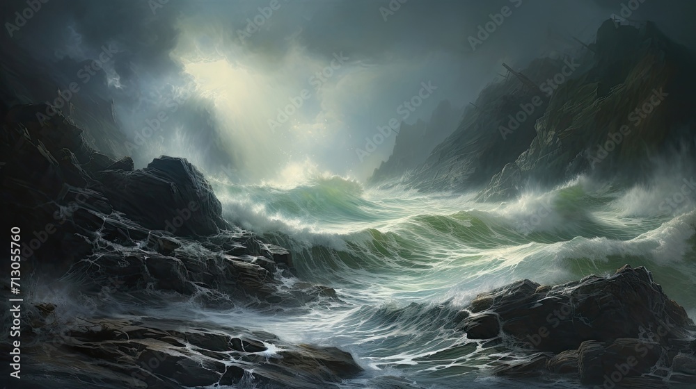 Tumultuous, stormy waves, rugged cliffs, crashing, fierce power, drama, tempestuous sea. Generated by AI.