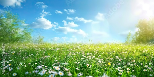 Green spring meadow with nature field grass in summer under sunny sky sun shining on flowers garden landscape fresh day floral daisy and blue outdoor herb light bright chamomile park rural cloud © Thares2020