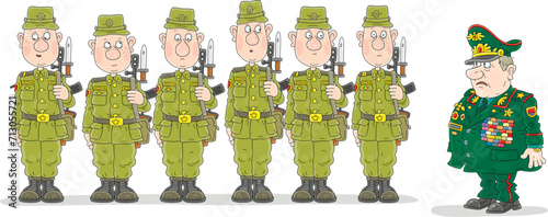 Angry general with orders and medals on his uniform and line of young soldiers and sergeants with weapons standing straight in a rank on an army parade ground, vector cartoon illustration on white