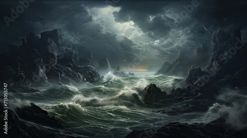 Nature's fury, stormy waves, rugged cliffs, collide, dramatic clash, awe-inspiring force, tempestuous sea. Generated by AI.