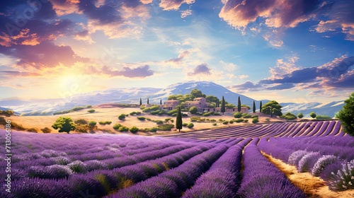 Provence sun, lavender fields, gentle caress, symphony of purple, tranquil, picturesque landscape. Generated by AI. photo