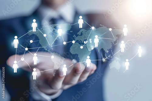 Global structure networking and data exchanges customer connection. Client service, digital marketing and social network photo