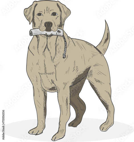 Hand drawn dog with the toy. Pencil sketch labrador dog postman.