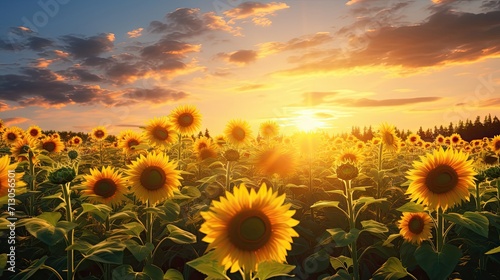 Blooming sunflowers, golden heads, turned to the sun, radiant beauty, vitality, fields ablaze. Generated by AI.
