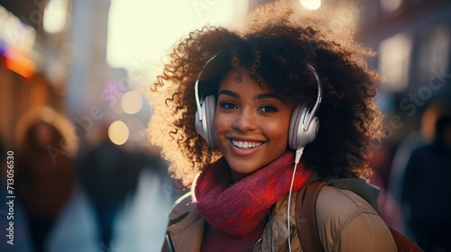 Closeup portrait of beautiful black afro american teenage girl walking and listening to playlist music with wireless headphones. blurry city street in the background