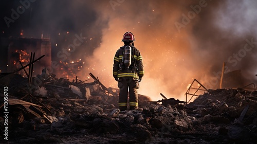 a firefighter standing in front of a pile of rubble with smoke and fire.