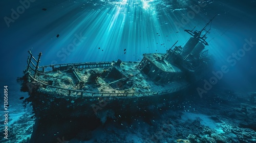 A hauntingly beautiful underwater shipwreck illuminated by dappled sunlight photo