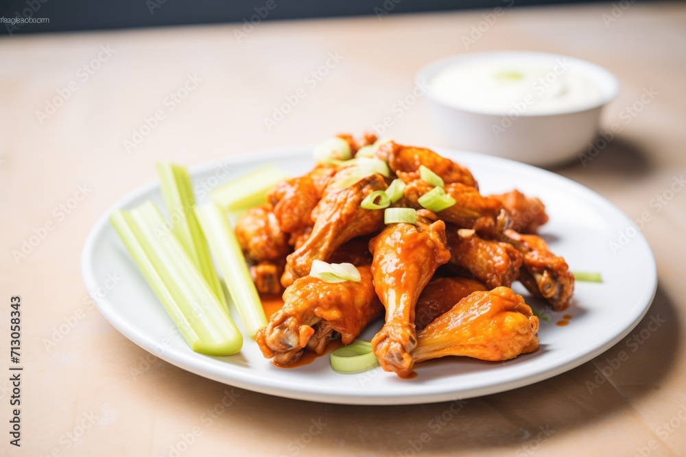 spicy buffalo wings on a plate with celery sticks spicy buffalo wings on a plate with celery sticks