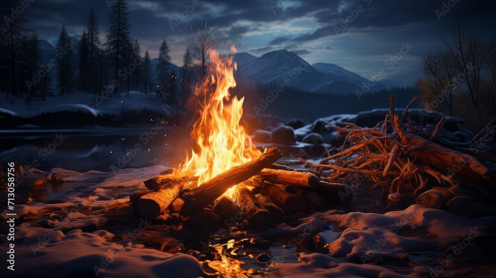 web banner of campfire in winter forest