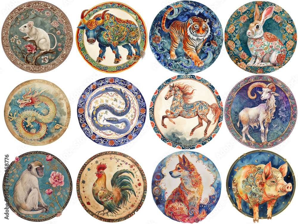 Set of Eastern zodiac sign. Rat, Ox, Tiger, Rabbit, Dragon, Snake, Horse, Goat, Monkey, Rooster, Dog, Pig. Water color style.
