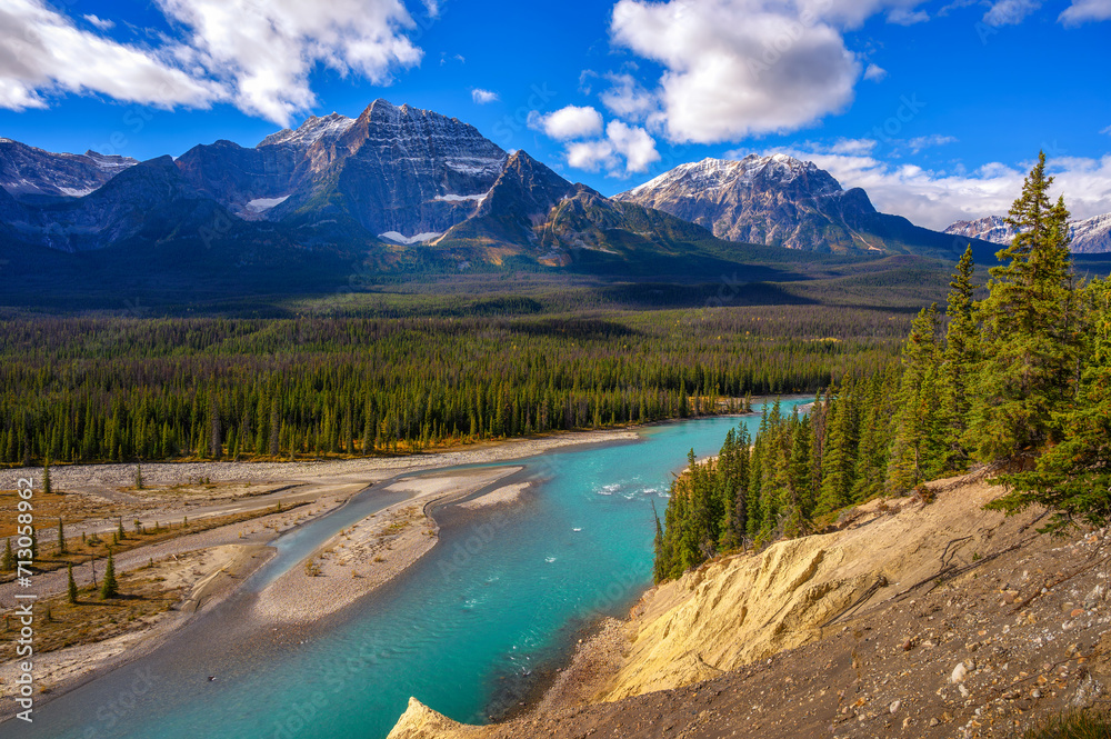 Scenic view of a river along Icefields Parkway in Banff National Park, Canada.