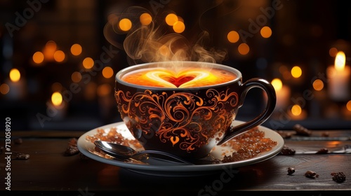 Beautiful steamy heart shapes rising from fresh cup of coffee