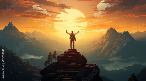 Business success concept with businessman on top of mountain photo