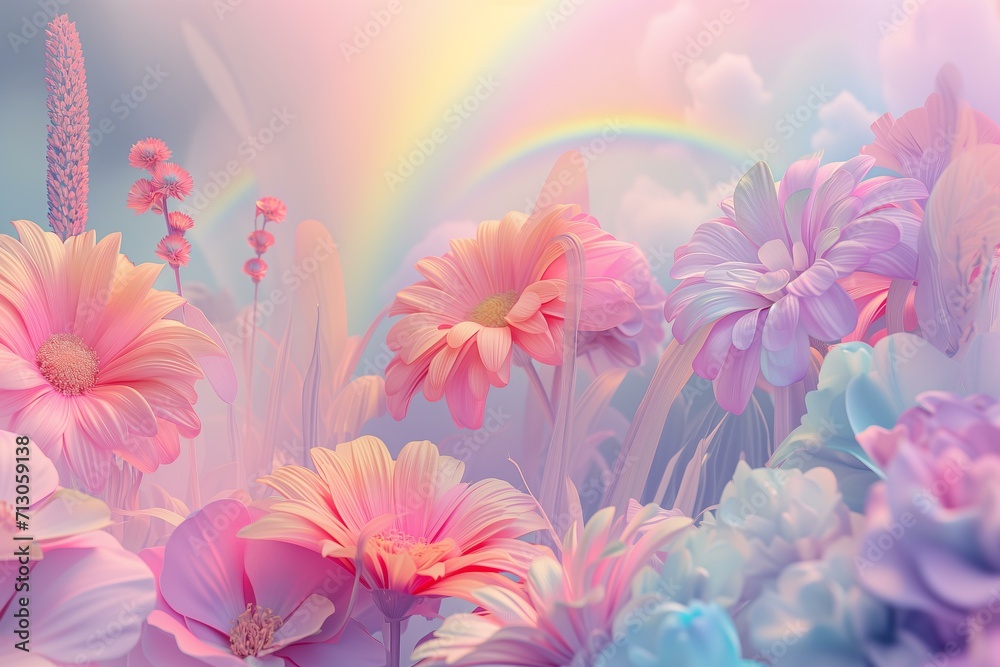 3d render style illustration of the rainbows and flowers in style of tripping psychedelic, vibrant pastel colors, glow