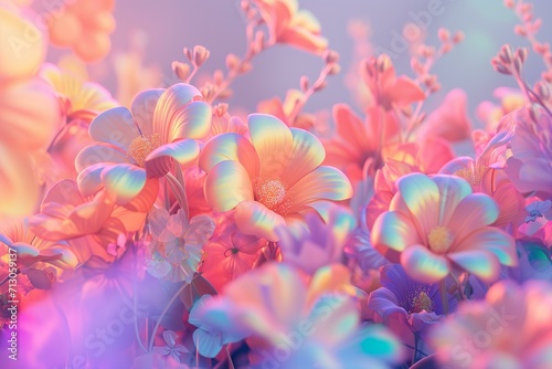 3d render style illustration of the rainbows and flowers in style of tripping psychedelic  vibrant pastel colors  glow