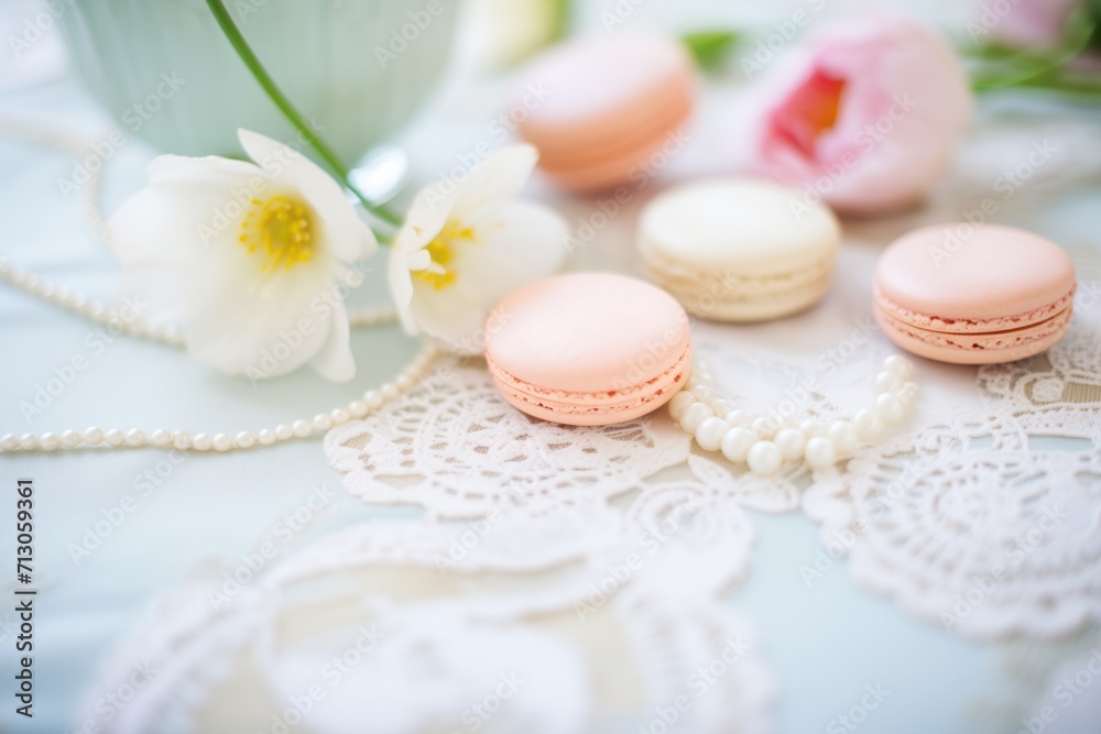 macarons and pearls on a lace tablecloth for elegance macarons and pearls on a lace tablecloth for elegance