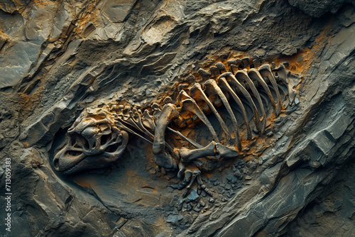 View of an intricate dinosaur fossil embedded in rock  surrounded by geological layers  showcasing ancient life.
