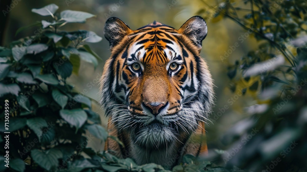 wall poster of tiger in jungle with close-up intensity style, saturated color scheme wall poster of tiger in jungle with close-up intensity style, saturated color scheme