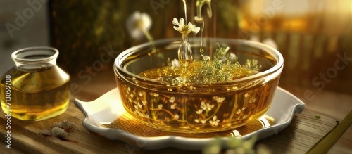 Culinary fusion  Artistic scene of pouring olive oil into a bowl of honey on a rustic wooden table