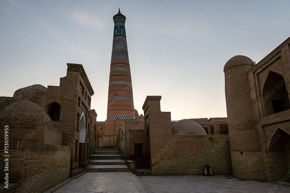 Old street in ancient city of Ichan-Kala, Khiva city. Uzbekistan. empty streets without people in the early morning in the old district of Khiva.