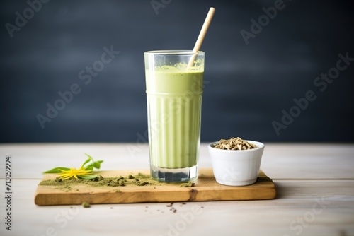 matcha milkshake with matcha powder and a green tea leaf