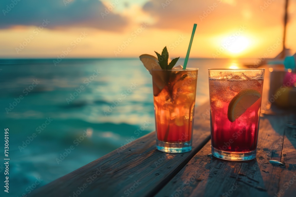 Summer cocktails on luxury tropical beach resort at sunset. Generative AI - obrazy, fototapety, plakaty 